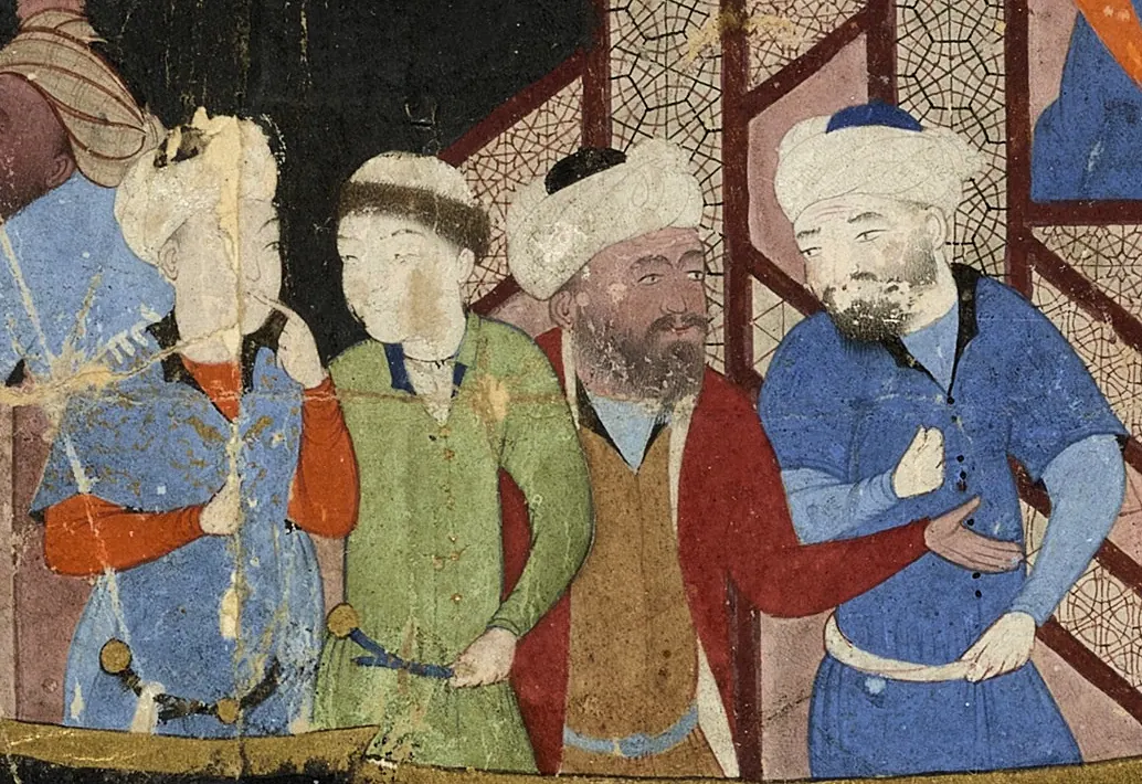 Emîr Hüsrev Dihlevî, Hamse, fol. herat-1496-men-on-a-boat-1496. Wikimedia Commons