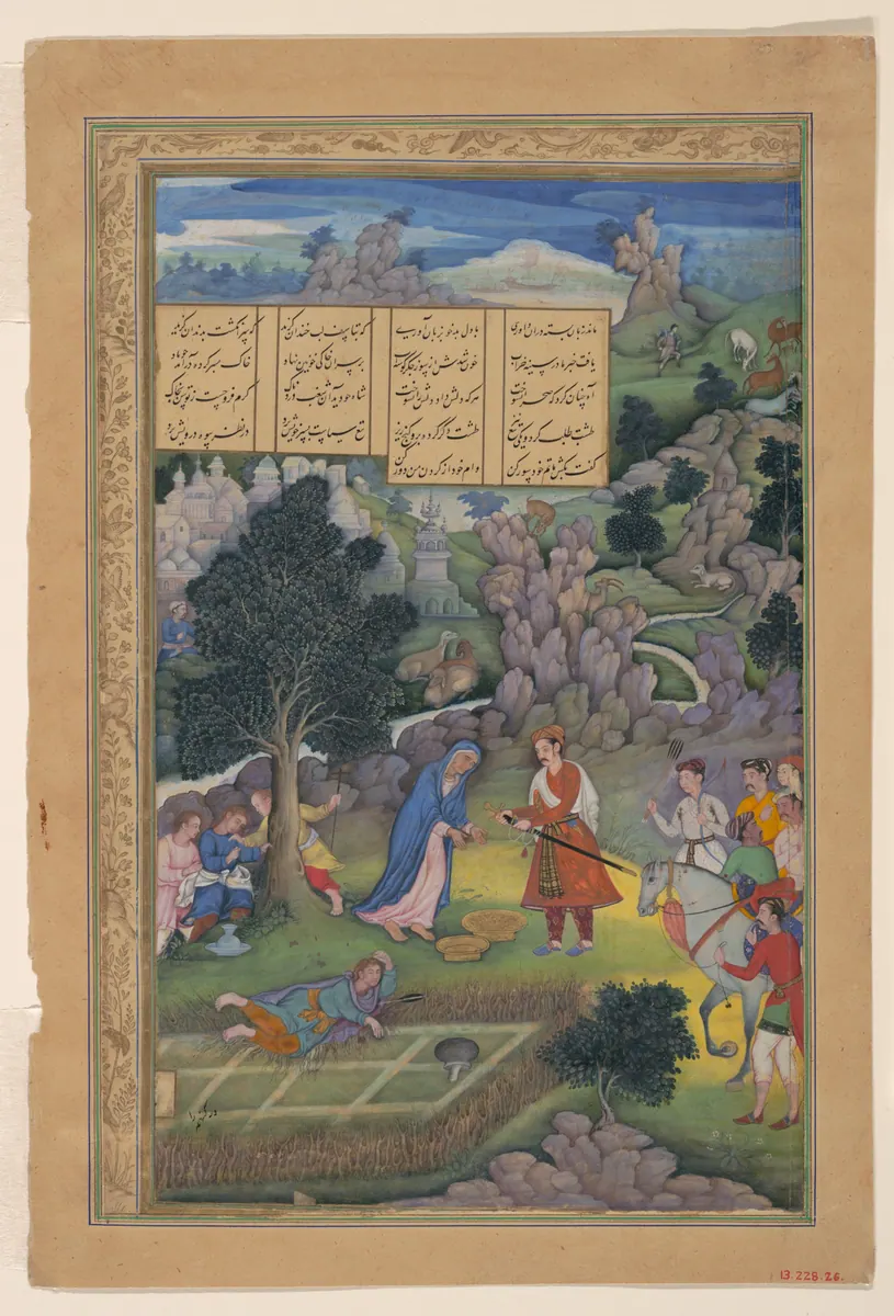 Hükümdar ve oğlunu yitiren yaşlı anne — Emîr Hüsrev Dihlevî, Hamse minyatürü (The Metropolitan Museum of Art)