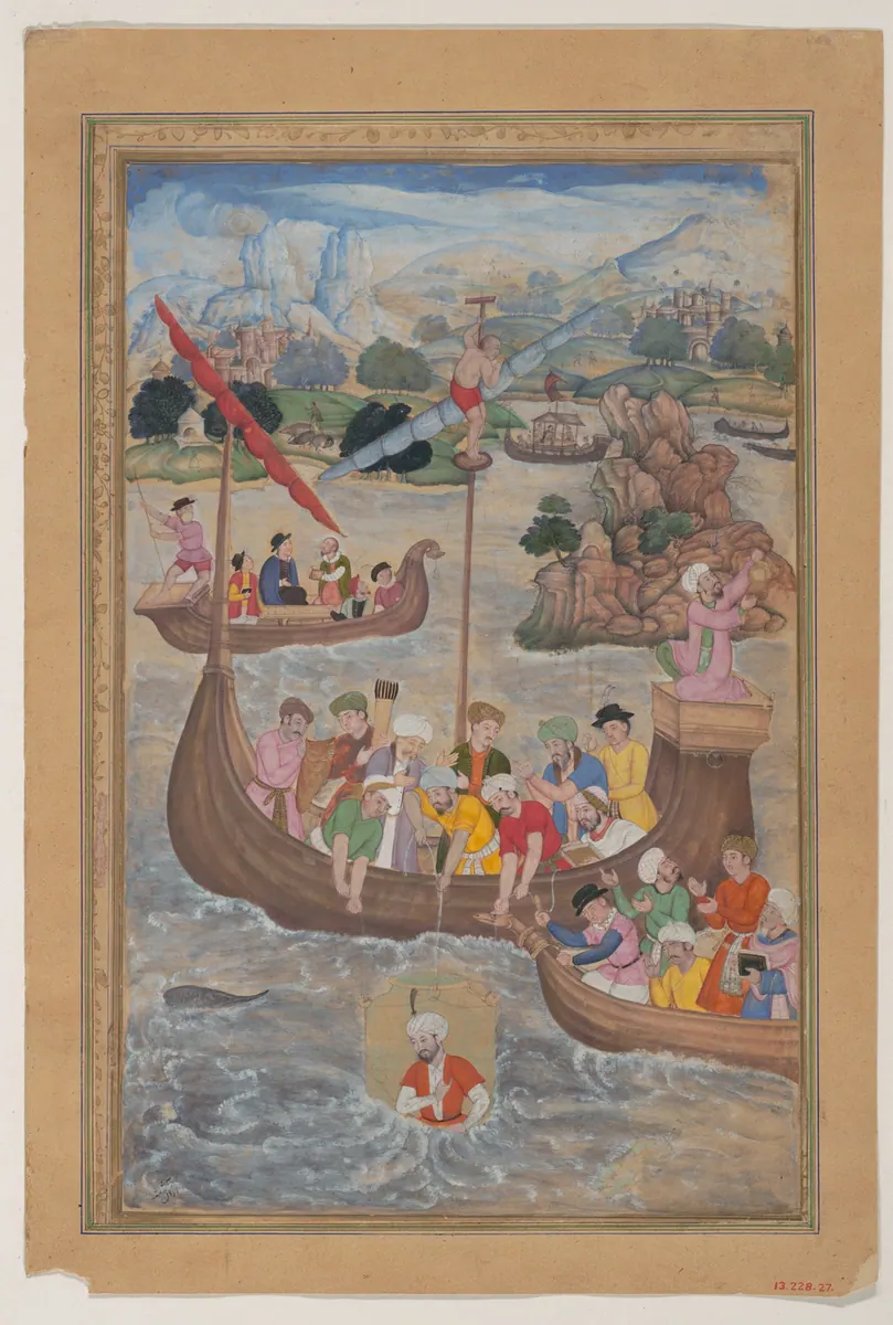 İskender'in cam çanla denize inişi — Emîr Hüsrev Dihlevî, Hamse minyatürü (The Metropolitan Museum of Art)