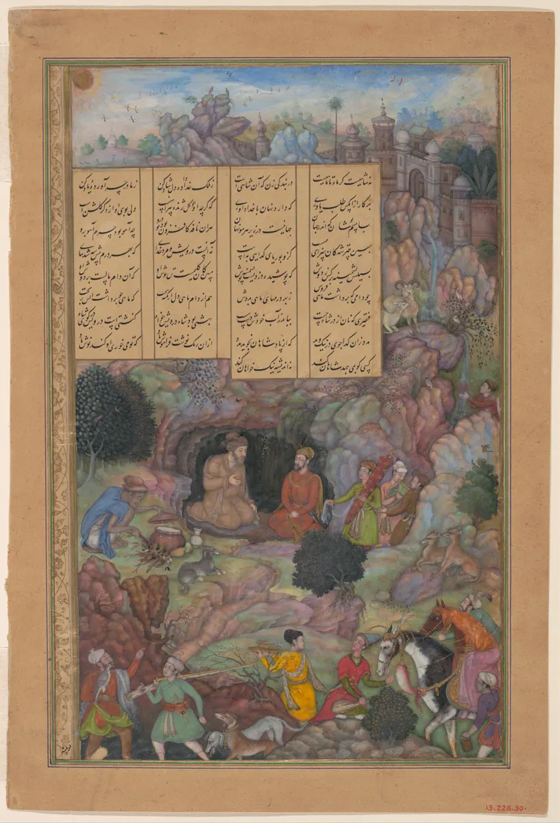 İskender, Eflatun'u mağarasında ziyaret ediyor — Emîr Hüsrev Dihlevî, Hamse minyatürü (The Metropolitan Museum of Art)