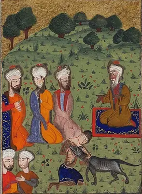 Emîr Hüsrev Dihlevî, Hamse, fol. majnun-caring-for-a-wounded-dog-amir-khusrau-dehlavi-hest-bi