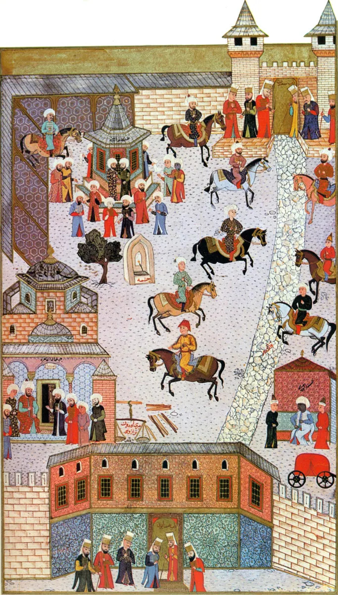 Topkapı birinci avlu; Fehér taraması, yüksek çözünürlük — Hünernâme I minyatürü (Topkapı Sarayı Müzesi Kütüphanesi (tarama: Wikimedia Commons))
