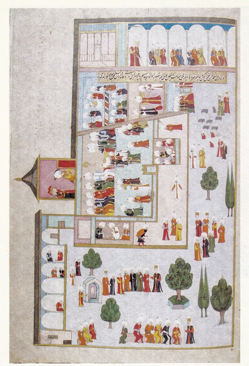 Bâb-ı Saadet, İkinci Avlu ve Kubbealtı — Anafarta levha 39; Karakaş 2022 §4.3 — Hünernâme I minyatürü (Topkapı Sarayı Müzesi Kütüphanesi (tarama: Wikimedia Commons))