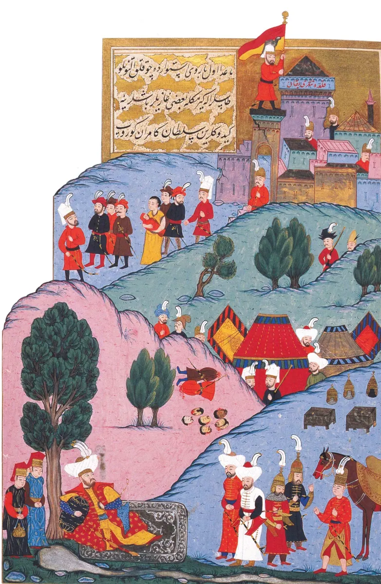 I. Murad’ın Vize, İnceğiz ve Çatalburgaz hisarlarının fethinden sonra kavak gölgesinde dinlenmesi (Commons kaynağı ikincil site) — Anafarta levha 4 — Hünernâme I minyatürü (Topkapı Sarayı Müzesi Kütüphanesi (tarama: Wikimedia Commons))