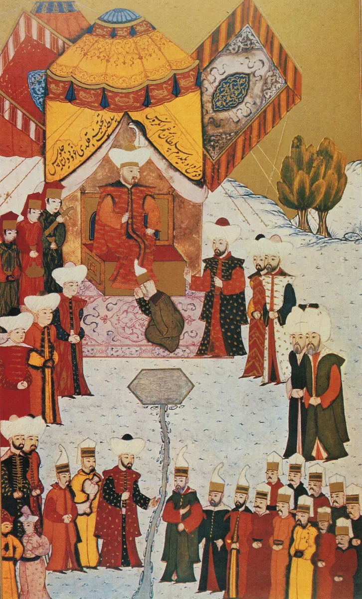 Yıldırım Bayezid’in Kosova’da cülusu; tam sayfa yüksek çözünürlük (yereldeki f096b bundan kırpılmış) — Hünernâme I minyatürü (Topkapı Sarayı Müzesi Kütüphanesi (tarama: Wikimedia Commons))