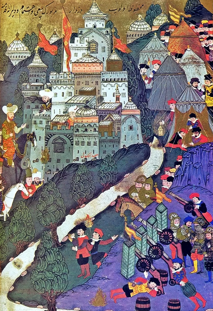 Macarların Niğbolu Kalesi’ni muhasarası ve Yıldırım Bayezid’in gelişi (1396); Fehér taraması — Anafarta levha 8 — Hünernâme I minyatürü (Topkapı Sarayı Müzesi Kütüphanesi (tarama: Wikimedia Commons))