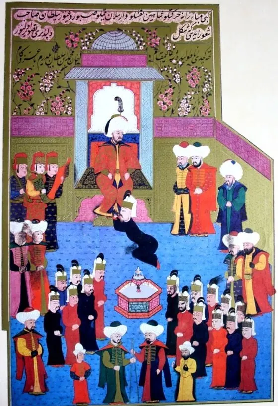 Çelebi Sultan Mehmed’in Anadolu’da cülusu; düşük çözünürlük — Anafarta levha 9 — Hünernâme I minyatürü (Topkapı Sarayı Müzesi Kütüphanesi (tarama: Wikimedia Commons))