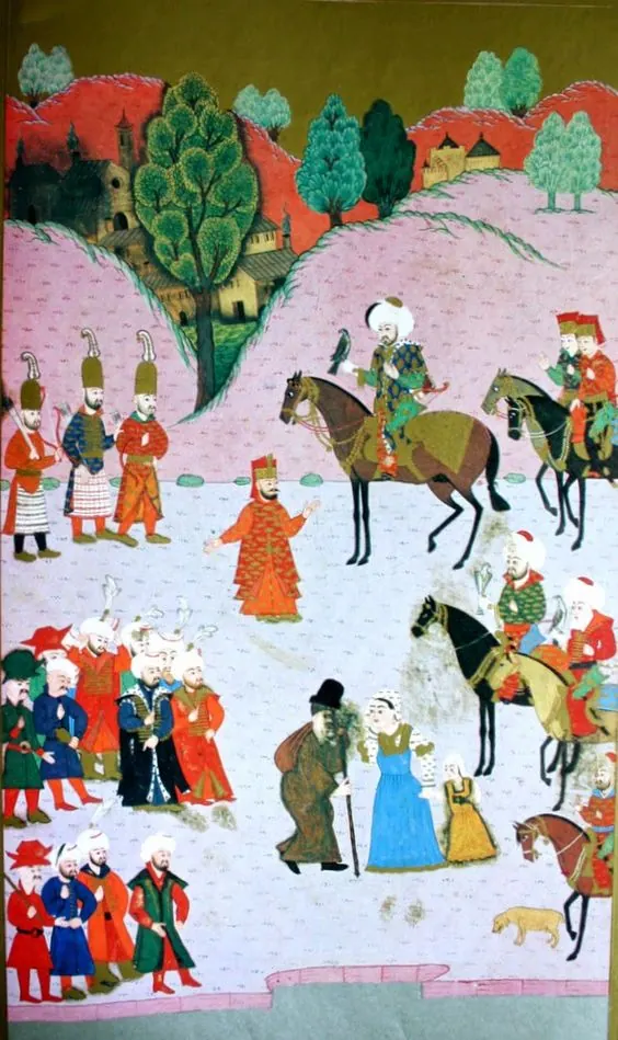 Çelebi Sultan Mehmed’in Eflak seferinde Tuna kenarında Uruscuk’ta bal çalanları cezalandırması; düşük çözünürlük — Anafarta levha 11 — Hünernâme I minyatürü (Topkapı Sarayı Müzesi Kütüphanesi (tarama: Wikimedia Commons))