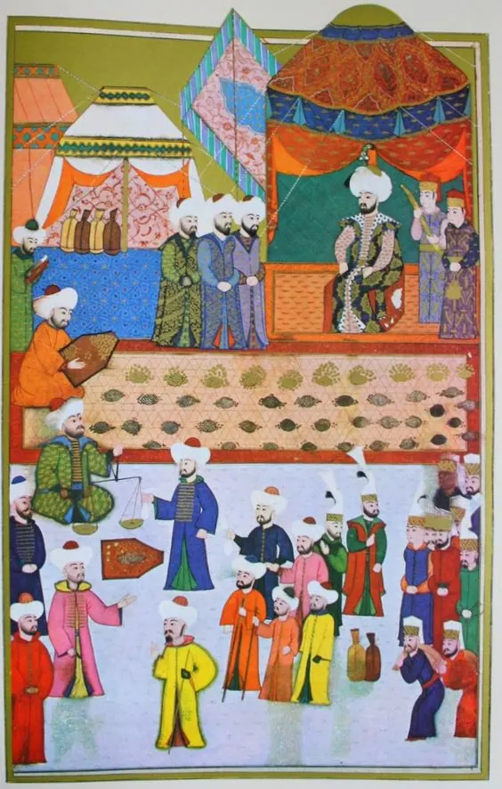 Çelebi Sultan Mehmed zamanında bir yılda iki sefer olması sebebiyle askere bahşiş ve inam dağıtılması; düşük çözünürlük — Anafarta levha 12 — Hünernâme I minyatürü (Topkapı Sarayı Müzesi Kütüphanesi (tarama: Wikimedia Commons))