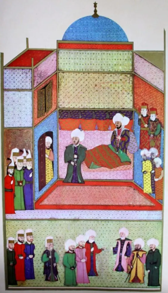 Çelebi Mehmed’in ölümünün askerden gizlenmesi — Anafarta levha 13; Anafarta folio 132b, Commons/Karakaş 130a → doğrulanmalı — Hünernâme I minyatürü (Topkapı Sarayı Müzesi Kütüphanesi (tarama: Wikimedia Commons))