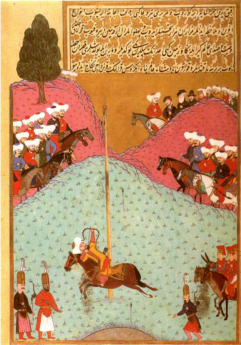 Marin adlı elçi ve maiyeti huzurunda II. Murad’ın hedefe üç defa ok atışı — Hünernâme I minyatürü (Topkapı Sarayı Müzesi Kütüphanesi (tarama: Wikimedia Commons))