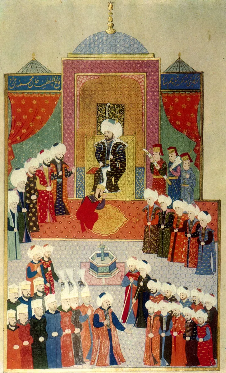 II. Mehmed’in Edirne’de cülusu — Hünernâme I minyatürü (Topkapı Sarayı Müzesi Kütüphanesi (tarama: Wikimedia Commons))