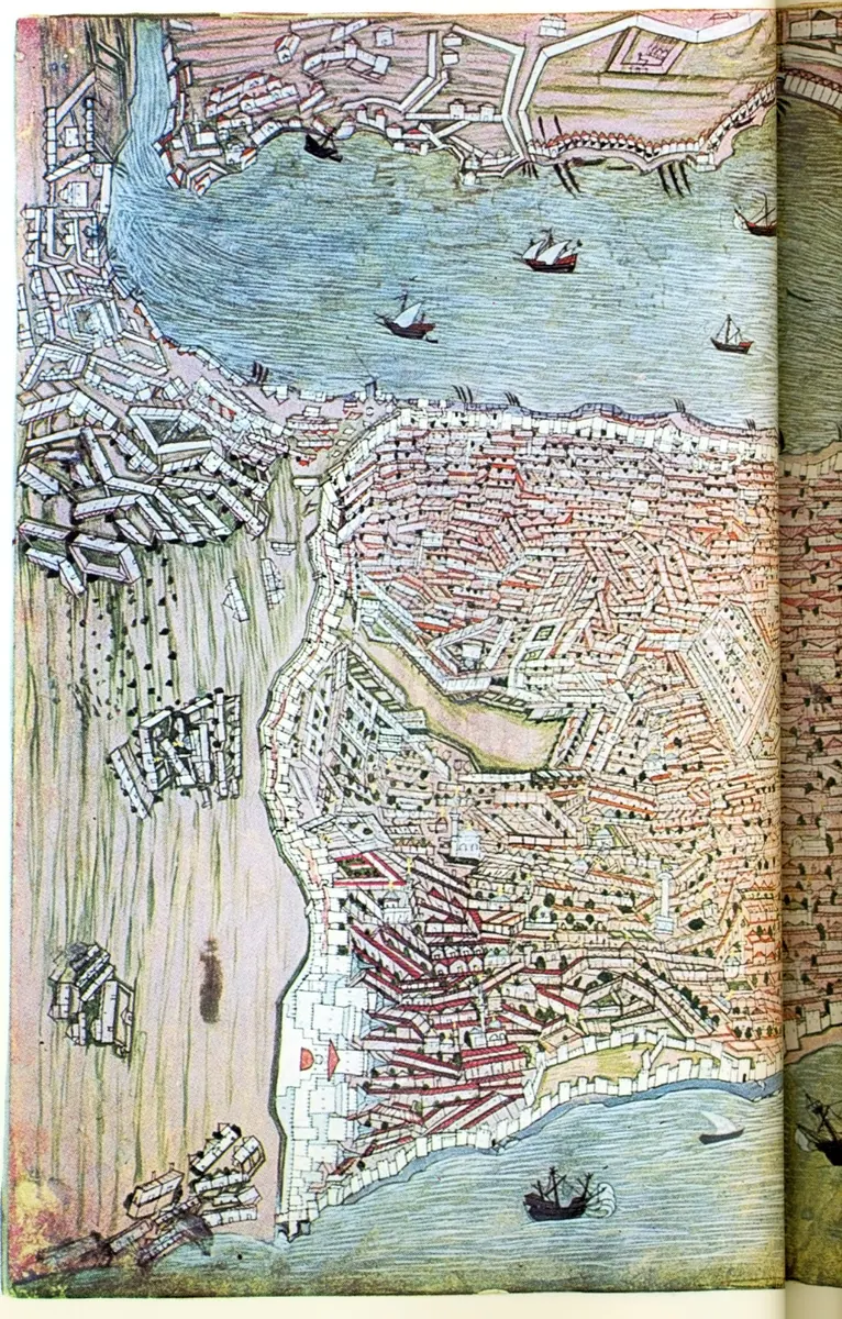 İstanbul haritası sol sayfa — Hünernâme I minyatürü (Topkapı Sarayı Müzesi Kütüphanesi (tarama: Wikimedia Commons))