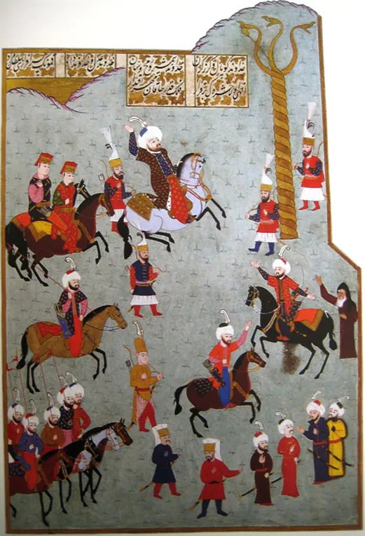 Fatih Sultan Mehmed’in Atmeydanı’ndaki Yılanlı Sütun’a şeşper atışı — Hünernâme I minyatürü (Topkapı Sarayı Müzesi Kütüphanesi (tarama: Wikimedia Commons))