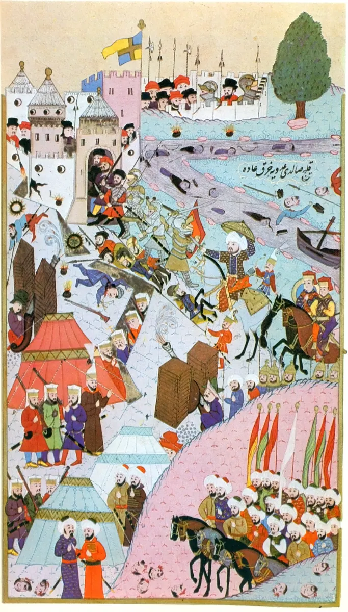 Fatih Sultan Mehmed’in Belgrad Kalesine hücumu (1456) — Hünernâme I minyatürü (Topkapı Sarayı Müzesi Kütüphanesi (tarama: Wikimedia Commons))