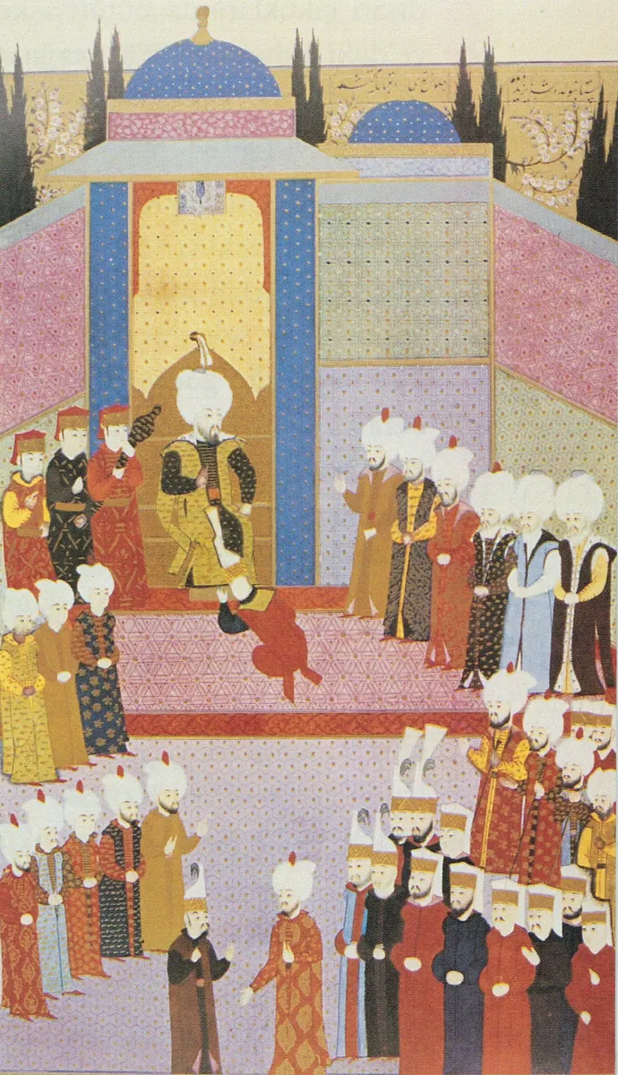 II. Bayezid’in cülusu — Hünernâme I minyatürü (Topkapı Sarayı Müzesi Kütüphanesi (tarama: Wikimedia Commons))