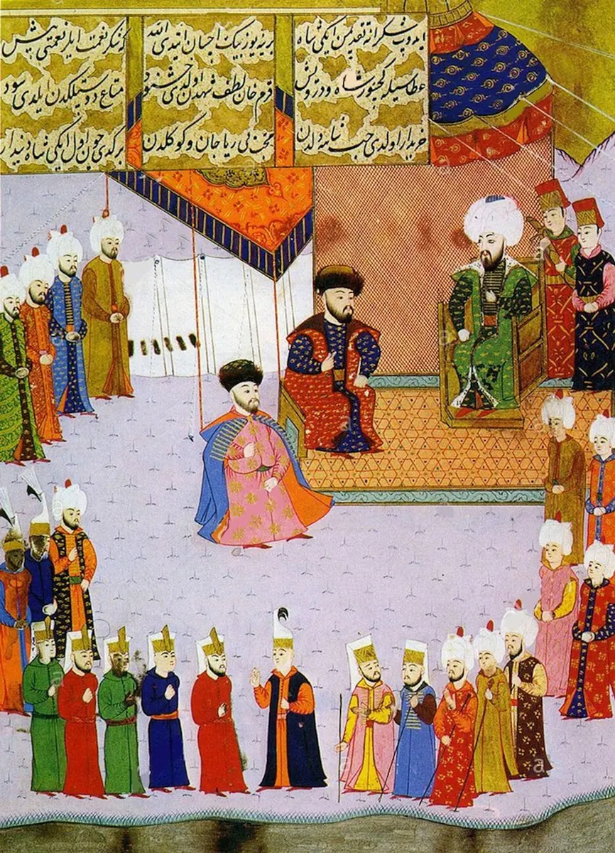 Mengli Giray Han sefere katılmak üzere II. Bayezid huzurunda — Hünernâme I minyatürü (Topkapı Sarayı Müzesi Kütüphanesi (tarama: Wikimedia Commons))