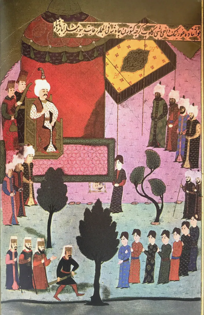 Kansu Gavri’nin kesik başının Yavuz Selim’e sunulması — Hünernâme I minyatürü (Topkapı Sarayı Müzesi Kütüphanesi (tarama: Wikimedia Commons))