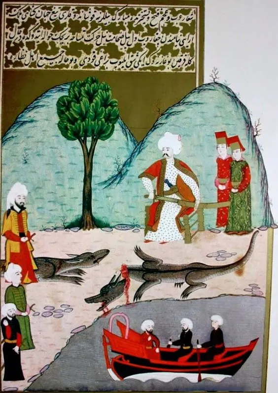 Yavuz Sultan Selim’in Nil kıyısında kılıcıyla timsah kesmesi — Hünernâme I minyatürü (Topkapı Sarayı Müzesi Kütüphanesi (tarama: Wikimedia Commons))