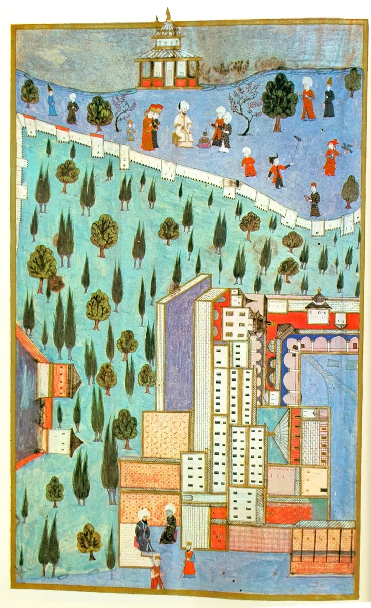 Topkapı üçüncü avlu, sol sayfa — Hünernâme I minyatürü (Topkapı Sarayı Müzesi Kütüphanesi (tarama: Wikimedia Commons))