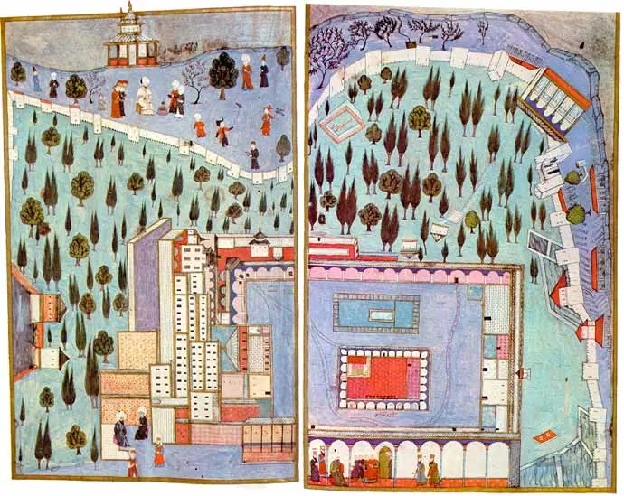 Topkapı üçüncü avlu. Yavuz Sultan Selim ok atarken — Hünernâme I minyatürü (Topkapı Sarayı Müzesi Kütüphanesi (tarama: Wikimedia Commons))