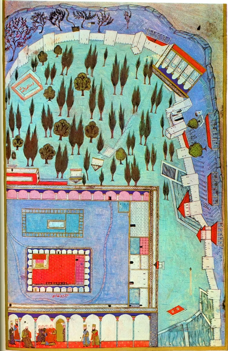 Topkapı üçüncü avlu, sağ sayfa — Hünernâme I minyatürü (Topkapı Sarayı Müzesi Kütüphanesi (tarama: Wikimedia Commons))