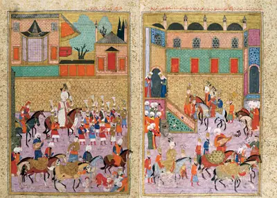 Süleyman’ın şehzadelerin 1530 sünnet düğünü için devlet ricaliyle At Meydanı’na gelişi