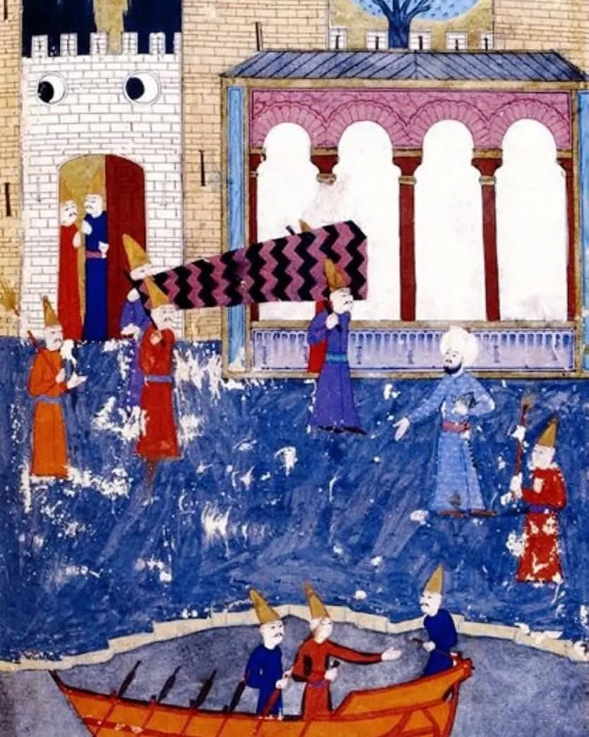 İbrahim Paşa’nın naaşının Topkapı’dan çıkarılması 1536 — Hünernâme II minyatürü (Topkapı Sarayı Müzesi Kütüphanesi (tarama: Wikimedia Commons))