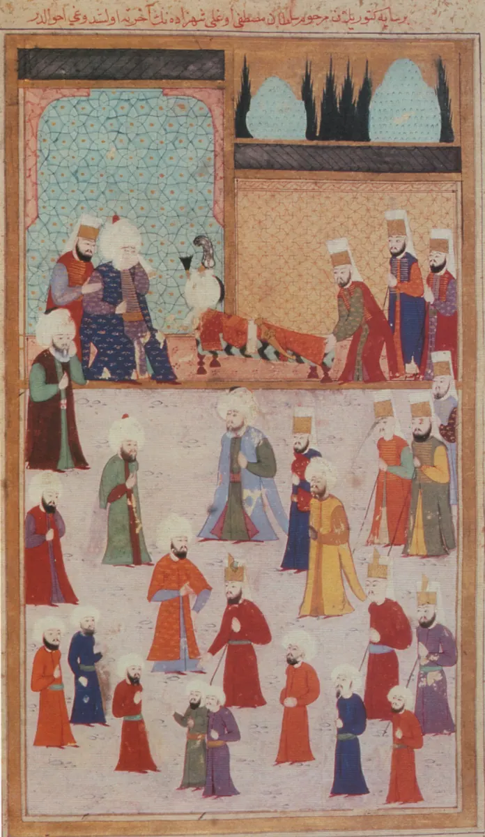 Şehzade Mustafa’nın Bursa’da cenazesi (Commons dosya adı 171a, künye f.170a) — Hünernâme II minyatürü (Topkapı Sarayı Müzesi Kütüphanesi (tarama: Wikimedia Commons))