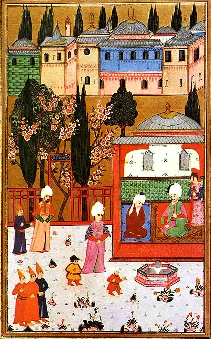 Süleyman’ın Şeyh Abdüllatif Efendi ile buluşması — Hünernâme II minyatürü (Topkapı Sarayı Müzesi Kütüphanesi (tarama: Wikimedia Commons))