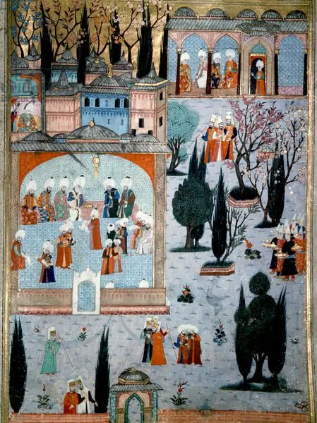 Kubbealtı ve Topkapı bahçeleri — Hünernâme II minyatürü (Topkapı Sarayı Müzesi Kütüphanesi (tarama: Wikimedia Commons))