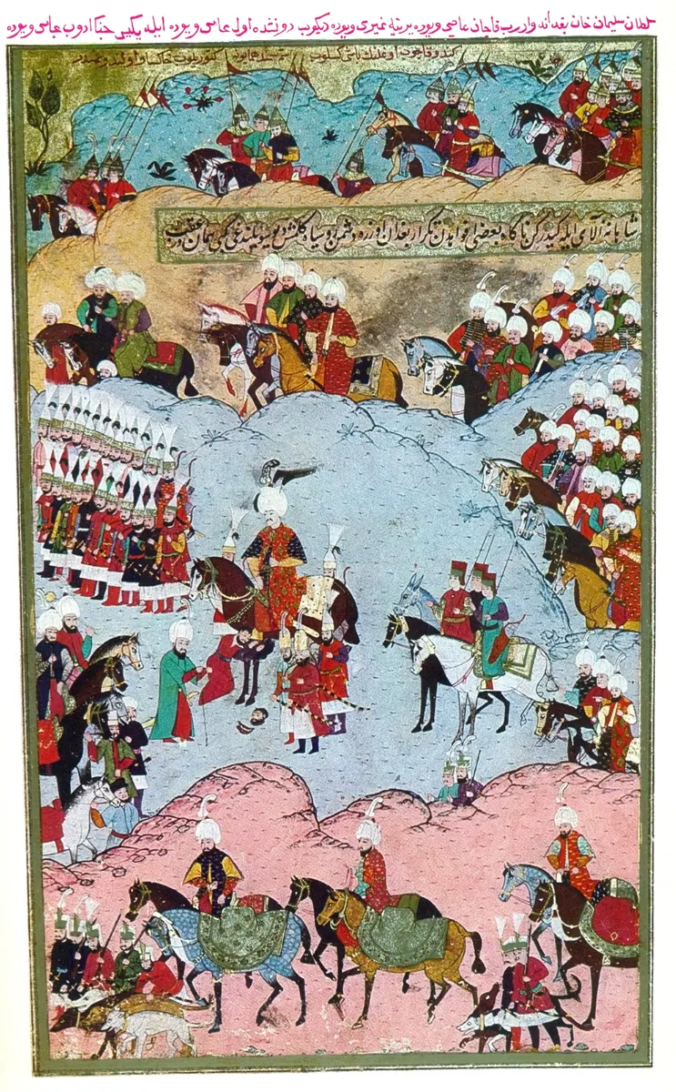 Boğdan seferinde (1538) kaçan voyvodanın oğlunun kesik başının Süleyman’a getirilmesi — Hünernâme II minyatürü (Topkapı Sarayı Müzesi Kütüphanesi (tarama: Wikimedia Commons))