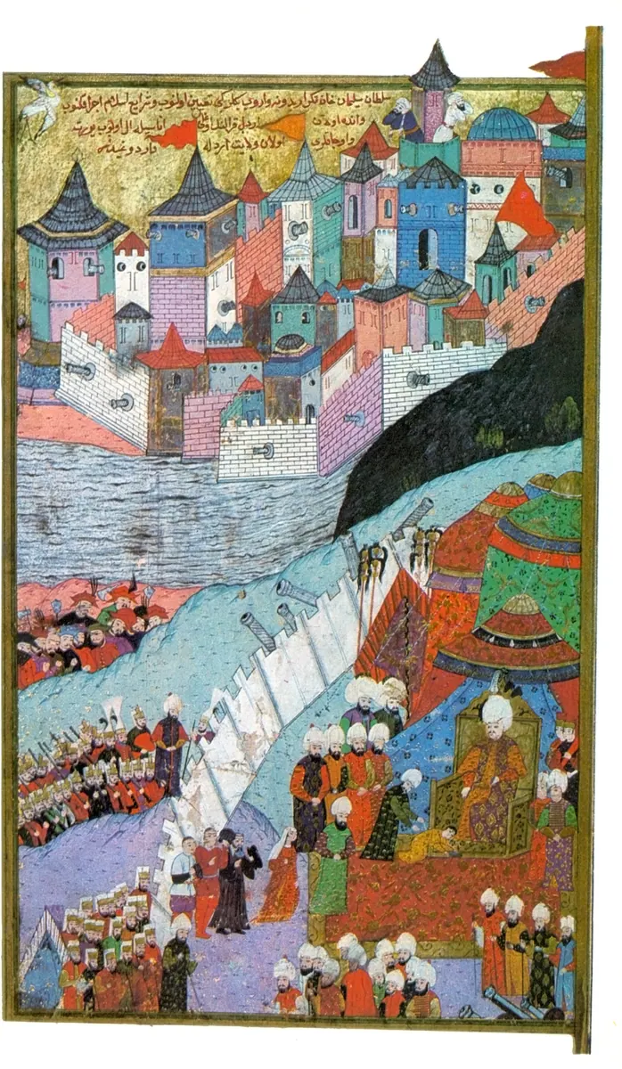 Süleyman’ın Budin’e beylerbeyi ataması. Izabella ve Yanoş Zigmund (1541) — Hünernâme II minyatürü (Topkapı Sarayı Müzesi Kütüphanesi (tarama: Wikimedia Commons))