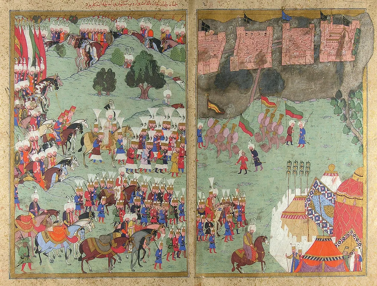 Süleyman ve ordusu Sigetvar önünde — Hünernâme II minyatürü (Topkapı Sarayı Müzesi Kütüphanesi (tarama: Wikimedia Commons))