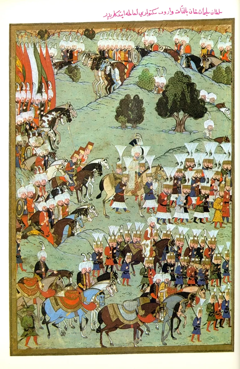 Osmanlı ordusu Sigetvar önünde 1566 — Hünernâme II minyatürü (Topkapı Sarayı Müzesi Kütüphanesi (tarama: Wikimedia Commons))