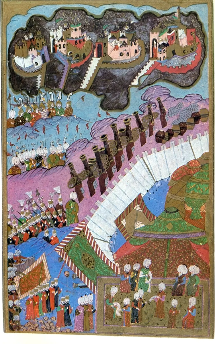 Sigetvar’da Süleyman’ın Divan-ı Hümayun’da işleri görmesi 1566 — Hünernâme II minyatürü (Topkapı Sarayı Müzesi Kütüphanesi (tarama: Wikimedia Commons))