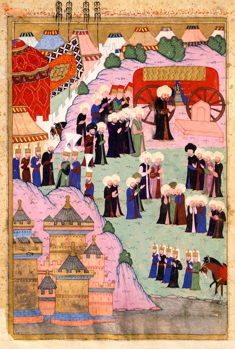 II. Selim’in Kanuni’nin naaşı başında dua etmesi — Hünernâme II minyatürü (Topkapı Sarayı Müzesi Kütüphanesi (tarama: Wikimedia Commons))