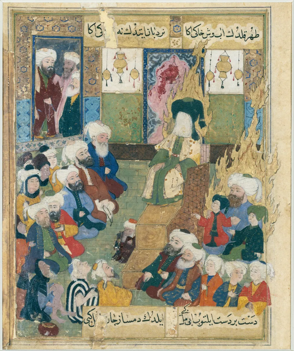 Hz. Muhammed hutbe verirken — Lâmiî Çelebi, Maktel-i Âl-i Resûl, dağılmış nüsha yaprağı minyatürü (Met)