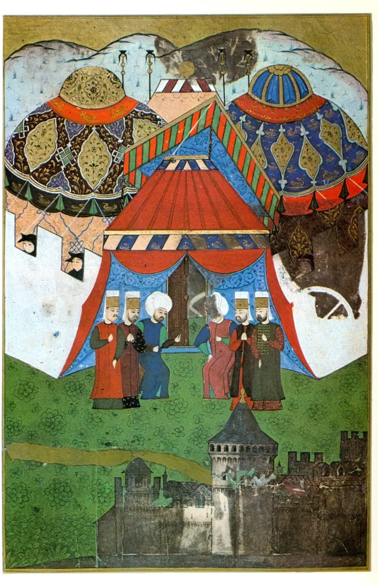 I. Süleyman’ın naaşının Belgrad’a varışı ve II. Selim’in bekleyişi — Nüzhet-i Esrârü'l-Ahbâr der Sefer-i Sigetvar minyatürü (Wikimedia Commons)