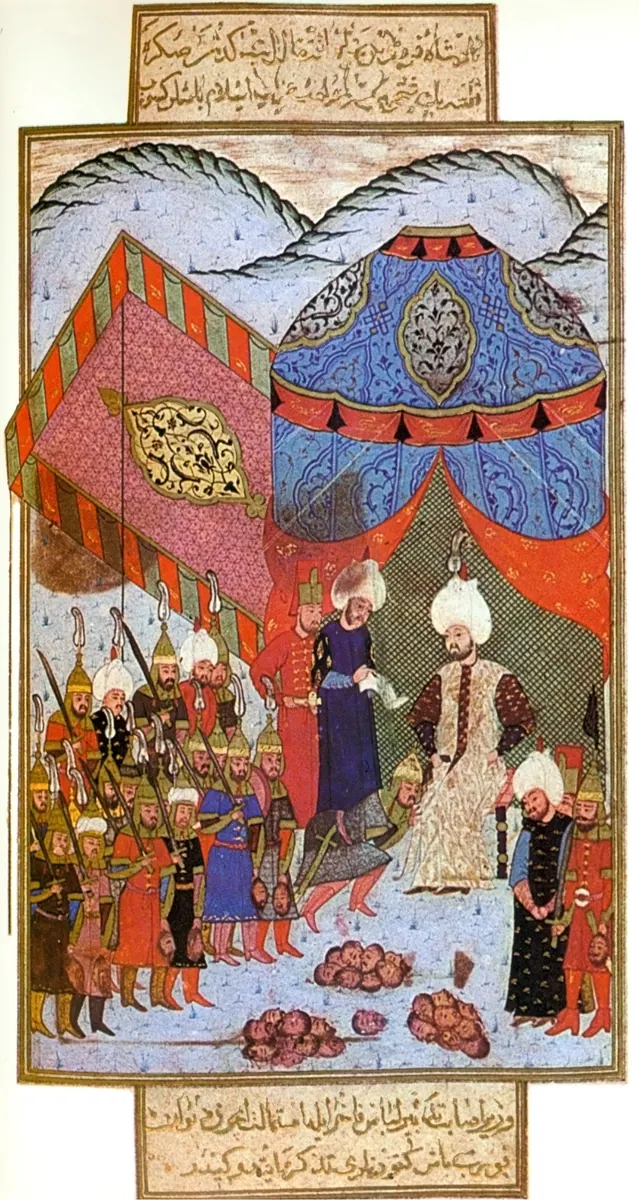Sigetvar kuşatmasından sonra mükâfat dağıtılması — Nüzhet-i Esrârü'l-Ahbâr der Sefer-i Sigetvar minyatürü (Wikimedia Commons)