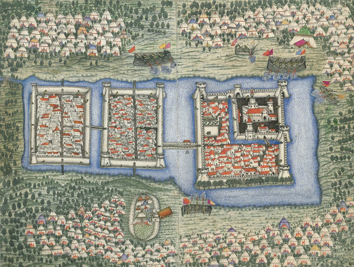 Sigetvar Kalesi’nin kuşbakışı görünümü — Nüzhet-i Esrârü'l-Ahbâr der Sefer-i Sigetvar minyatürü (Wikimedia Commons)
