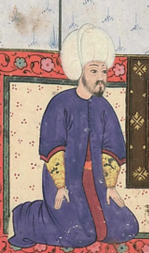Feridun’un, padişahın ölümüne yas tutan sadrazam Sokollu Mehmed Paşa yanında bulunması — Nüzhet-i Esrârü'l-Ahbâr der Sefer-i Sigetvar minyatürü (Wikimedia Commons)