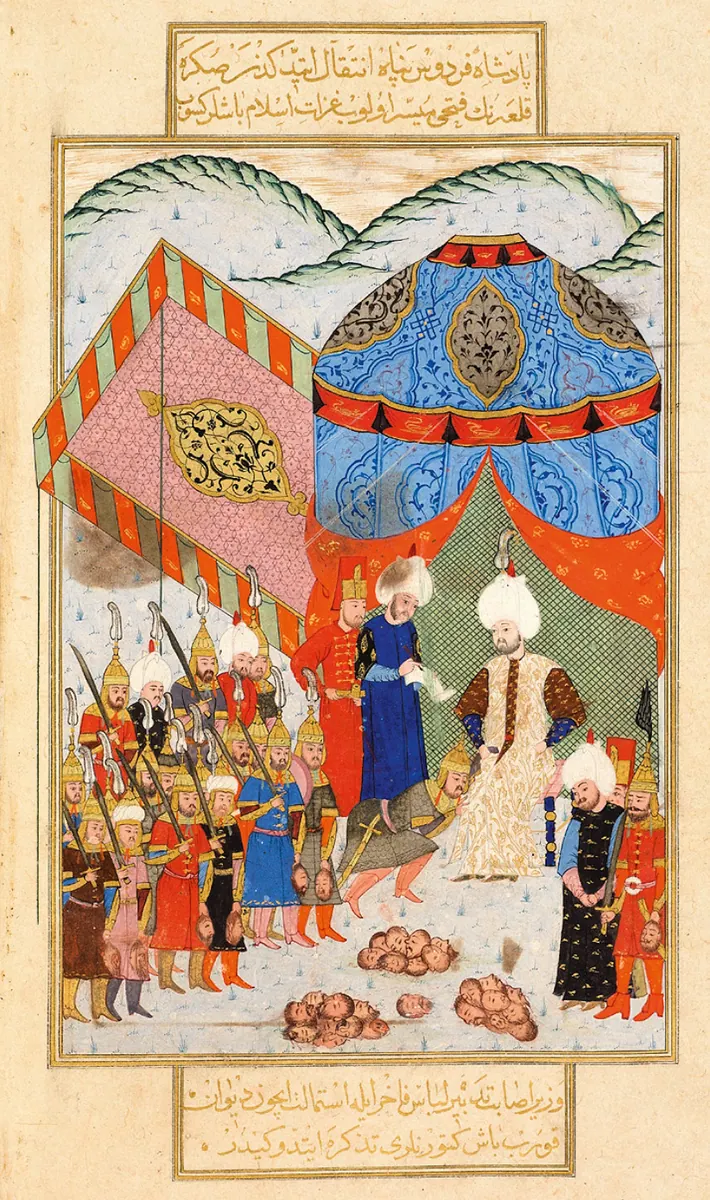 Süleyman’ın ölümünün ertesi günü Sokollu Mehmed Paşa’nın meclisi — Nüzhet-i Esrârü'l-Ahbâr der Sefer-i Sigetvar minyatürü (Wikimedia Commons)