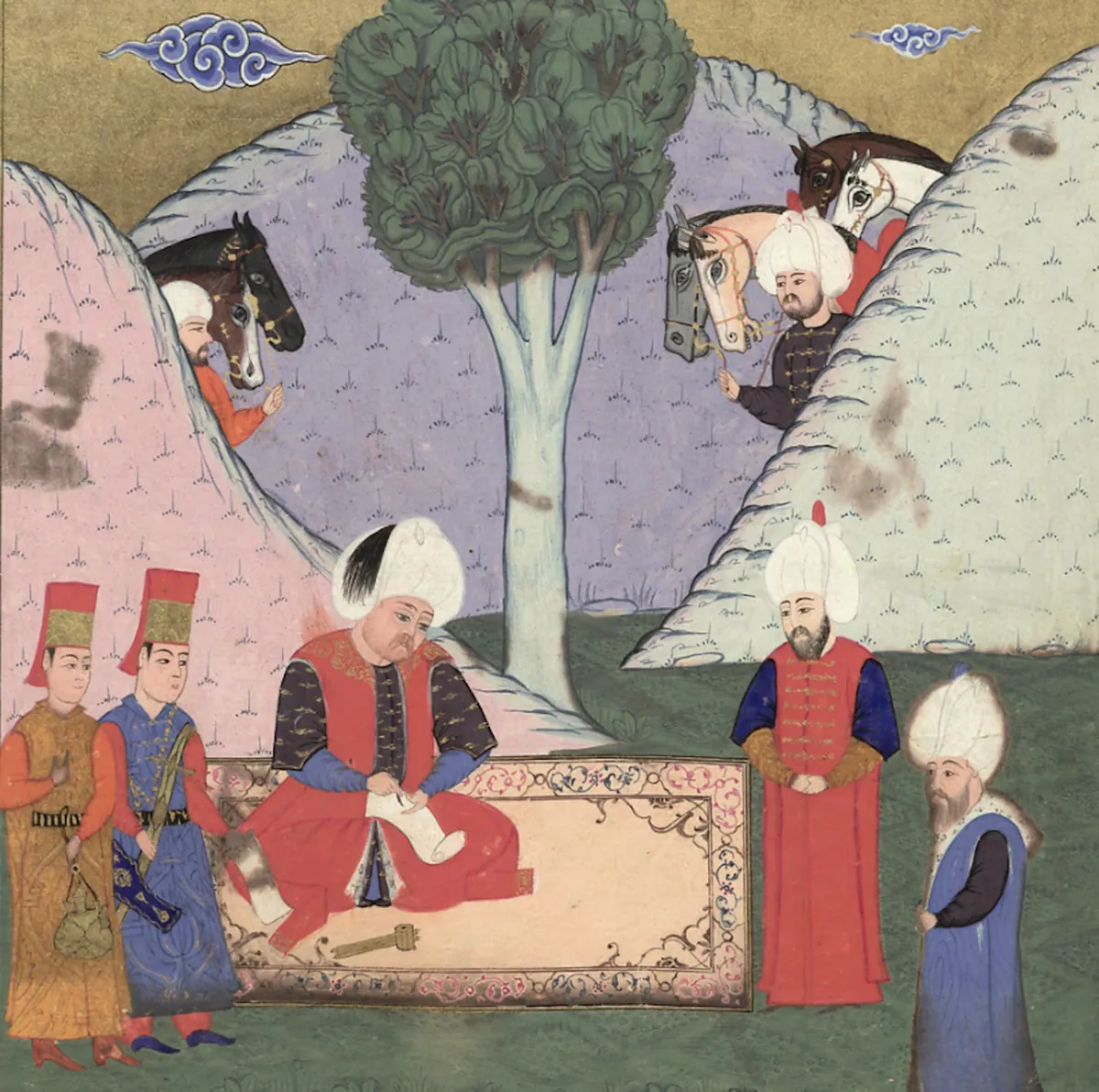 Sultan Selim’in mektup yazması — Nüzhet-i Esrârü'l-Ahbâr der Sefer-i Sigetvar minyatürü (Wikimedia Commons)