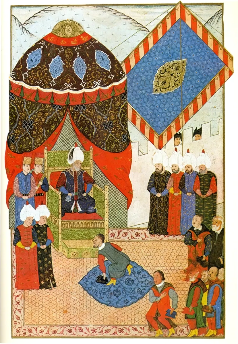 I. Süleyman ile János Zsigmond’un 1566’da Zimony’da görüşmesi — Nüzhet-i Esrârü'l-Ahbâr der Sefer-i Sigetvar minyatürü (Wikimedia Commons)