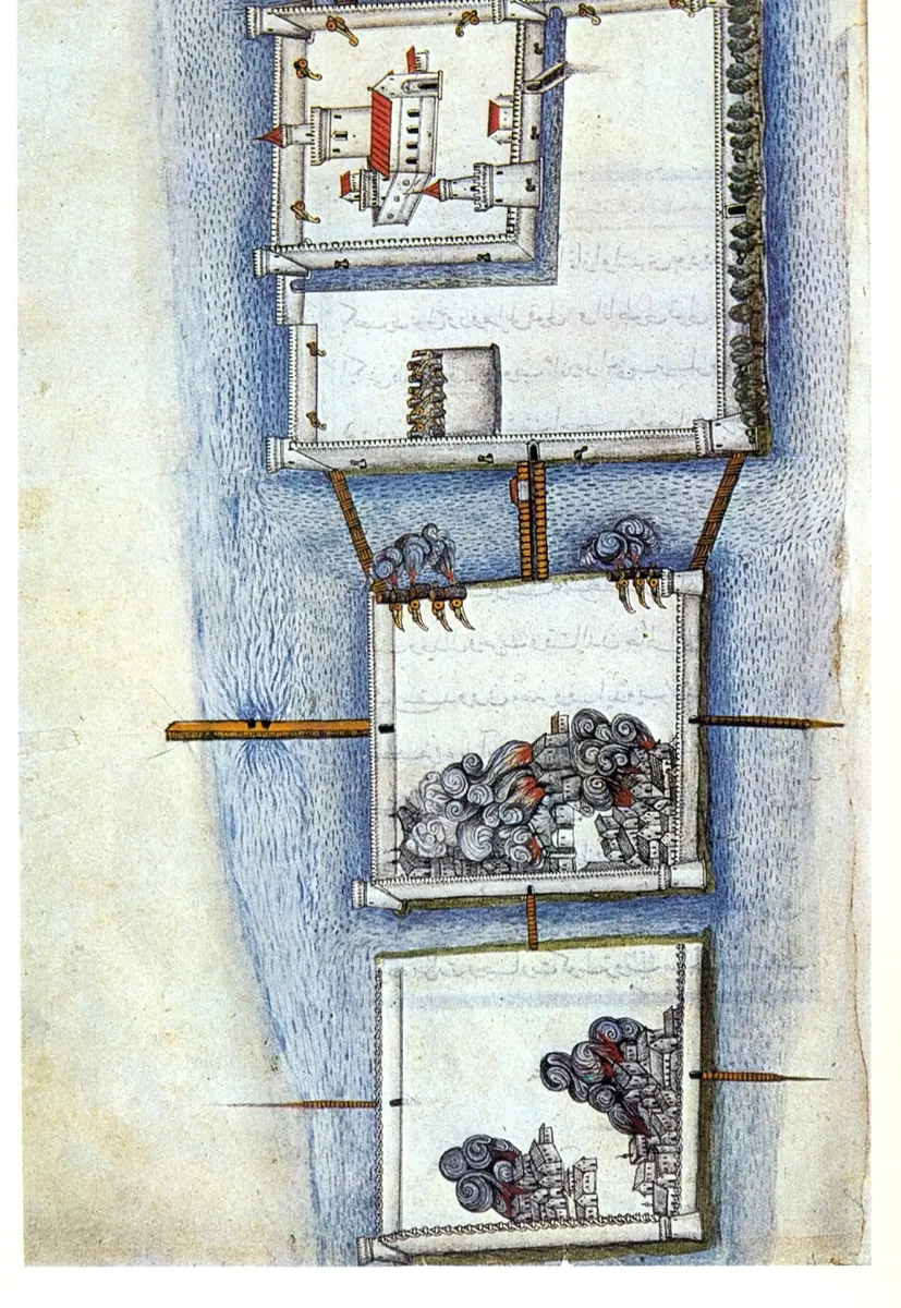 Sigetvar kuşatmasının ilerleyişi — Nüzhet-i Esrârü'l-Ahbâr der Sefer-i Sigetvar minyatürü (Wikimedia Commons)