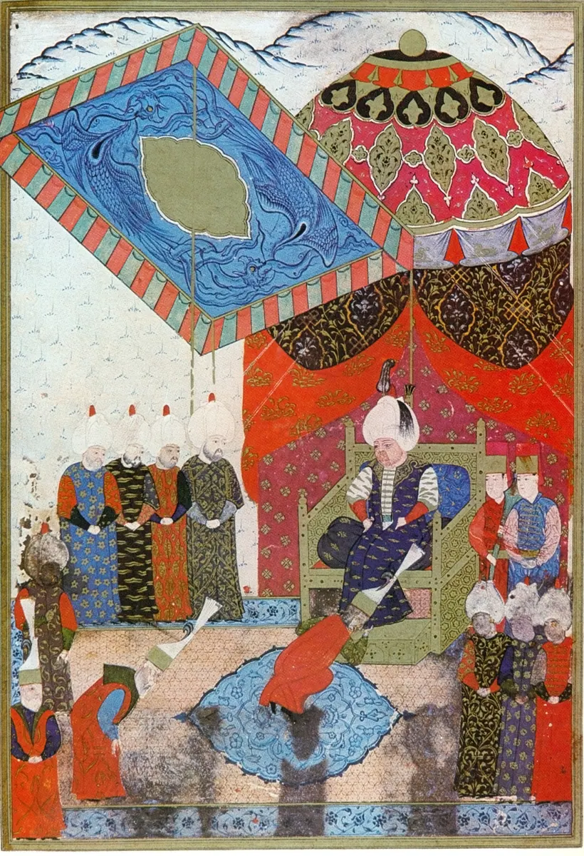 II. Selim’in cülusu — Nüzhet-i Esrârü'l-Ahbâr der Sefer-i Sigetvar minyatürü (Wikimedia Commons)