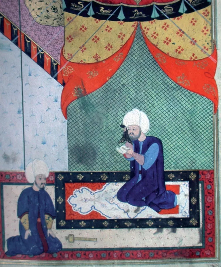 Sokollu Mehmed Paşa ve Feridun Ahmed Bey — Nüzhet-i Esrârü'l-Ahbâr der Sefer-i Sigetvar minyatürü (Wikimedia Commons)