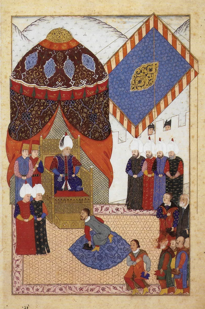 I. Süleyman’ın 1566’da Zimony yakınında Erdel prensi János Zsigmond’u kabulü — Nüzhet-i Esrârü'l-Ahbâr der Sefer-i Sigetvar minyatürü (Wikimedia Commons)
