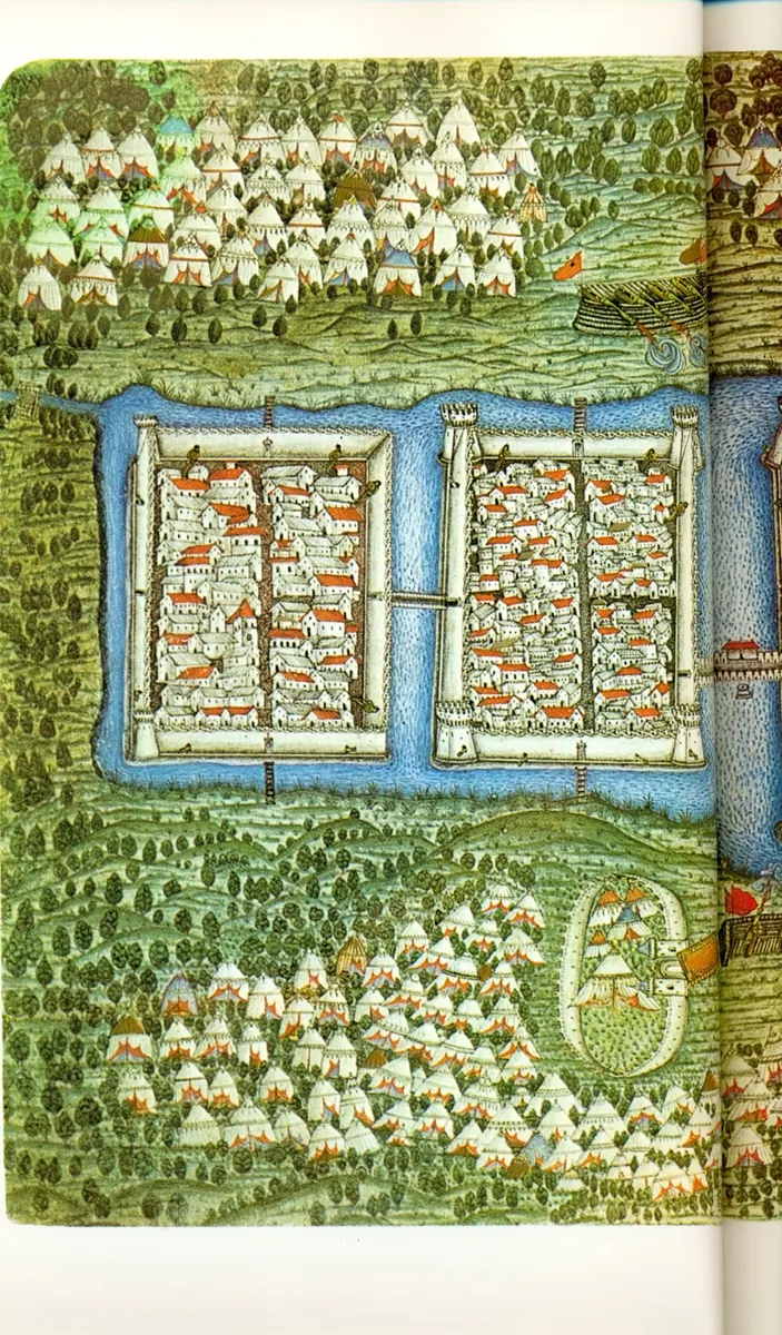 Kuşatma öncesi Sigetvar — Nüzhet-i Esrârü'l-Ahbâr der Sefer-i Sigetvar minyatürü (Wikimedia Commons)